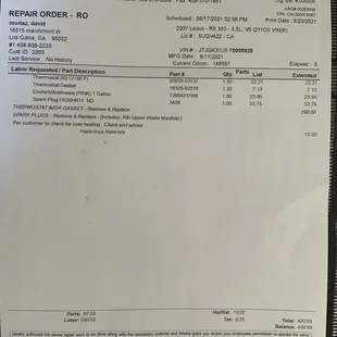 Repair Invoice from Winchester Transmission