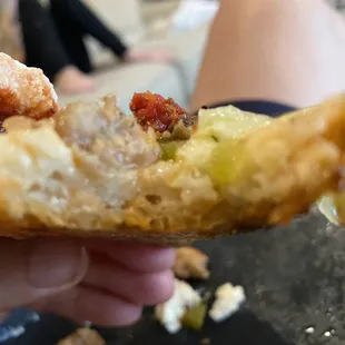 a hand holding a piece of pizza