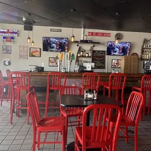 Super clean dining area with a fun Detroit vibe