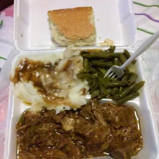 Beef Roast w/gravy,string beans,mashed potatoes w/ gravy &amp; cornbread