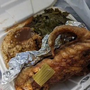 Turkey wings with dressing and collard greens