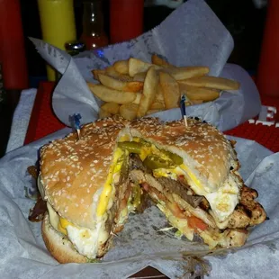 The Big Chicken Ginger . Everything but the keno machine is on this gut buster of a burger !!