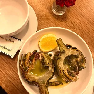 Roasted Artichoke with lemon vinaigrette and capers. DELICIOUS!