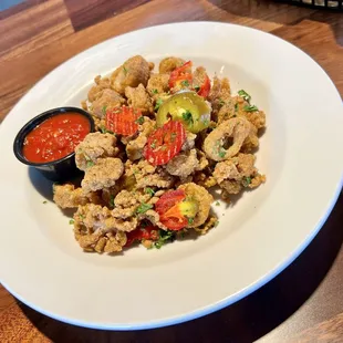 Calamari with cherry peppers and marinara sauce