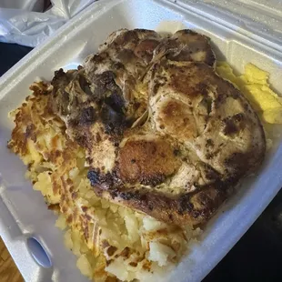 a meal in a styrofoam container