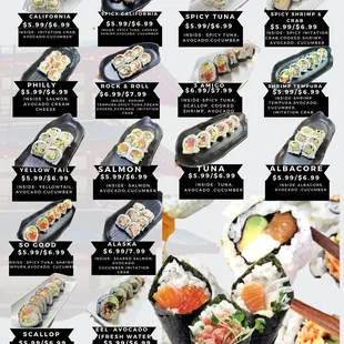 menu, sushi and sashimi