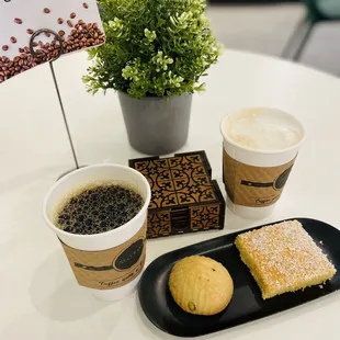 Date cookie and Basbusa with Tinker drip coffee and Honey Lavender Latte