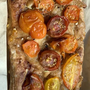 Savory tomato and herb focaccia- yum!
