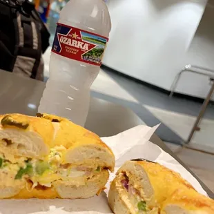 a sandwich and a bottle of water