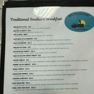 a menu for traditional southern breakfast