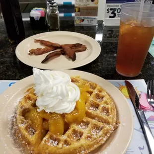 waffle with peaches and crispy bacon