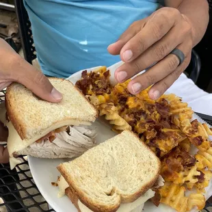 Turkey club waffles fries added cheese &amp; bacon