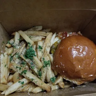 M.A.T.R burger with garlic parm truffle fries