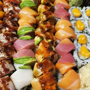 Sheggy, Samurai, Rainbow,  Angie, and Spicy Salmon rolls