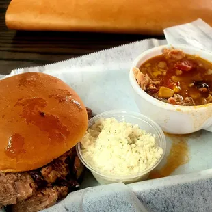 Brisket sandwich with Brunswick stew and slaw, $10.
