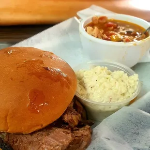 Brisket sandwich with Brunswick stew and slaw, $10.