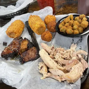 Burnt ends, pulled chicken, okra and fried corn