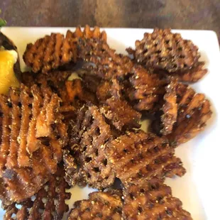 Burnt sweet potato waffle fries.