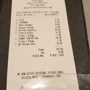 the receipt for the restaurant