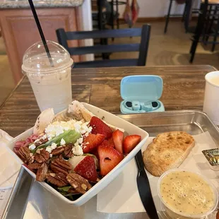 Poppy dressing salad and an iced coffee! First time here and I was hooked  the staff was friendly and it was well kept place!