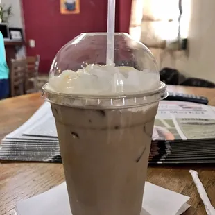 Sample photo of white chocolate mocha iced latte. Can add chocolate syrup onto it as well. This cup is 16 oz and cost $4.