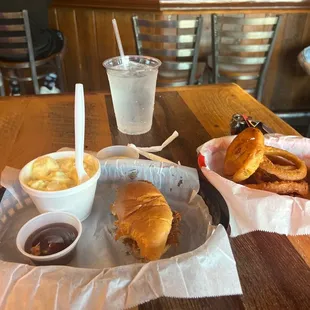 Onion rings, pulled pork