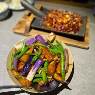 lazi chicken, chinese long beans w eggplant (instagram @fanaticdiner)