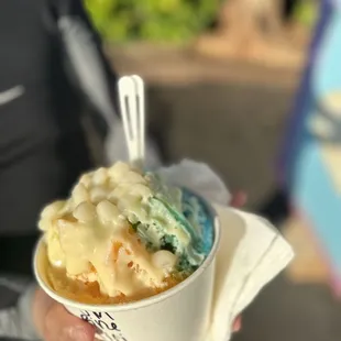 a person holding a cup of ice cream