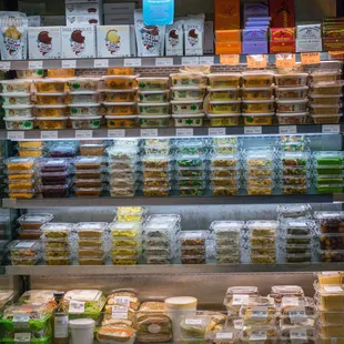 Our deli case filled with homemade salads, pastas, hummus and more!