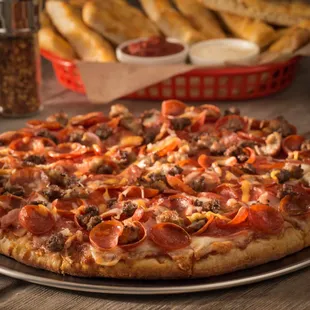 pepperoni, sausage, and cheese pizza