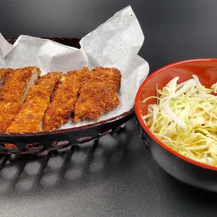 Hirekatsu 
 (Premium-Grade Pork Katsu made with Pork 
 Tenderloin Served with Cabbage Salad)
