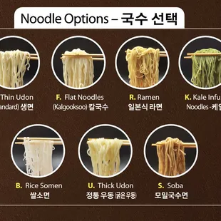 Noodle Options
 Thin Udon (Standard)
 Flat Noodles 
 Ramen 
 Kale Infused Noodles
 Rice Somen 
 Thick Udon 
 Soba
 Regular Somen