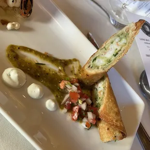 Shrimp flauta with a ginger lime sauce cream sauce