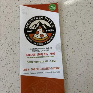 The menu of Mountain pizza