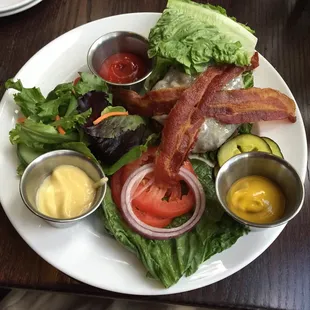 Grass fed burger protein style with a little side salad.  don&apos;t forget the cheddar cheese and bacon!