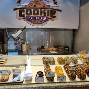 a display of cookies and pastries