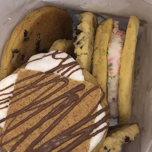 S'mores, birthday cake, chocolate chip, and caramel salted chip cookies