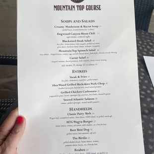 the menu for the mountain top grill