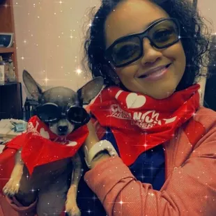 Martha , vet tech and little Pepper. Pepper loved her laser treatment but only by Martha