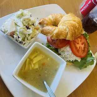 Chicken salad croissant with coleslaw and chicken noodle soup!