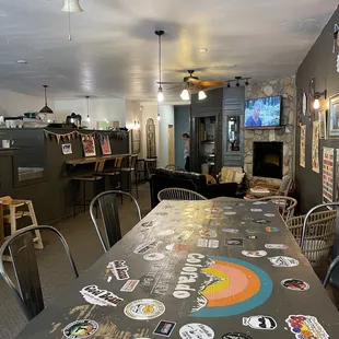 a table covered with stickers