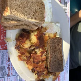 Eggs, hash browns, and scrapple