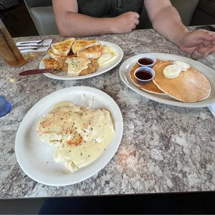 Biscuits and gravy, chicken fried steak, pancakes