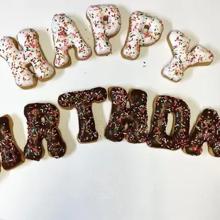 Custom cut and decorated Happy Birthday Donuts