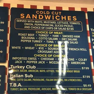 a menu for sandwiches