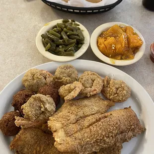 2 Combination Seafood Platter with green beans and candied yams