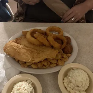Fish combo with onion rings, and potato salad