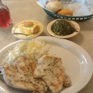 Grilled Chicken, Rice with Gravy, Greens, Banana Pudding, Cornbread and roll