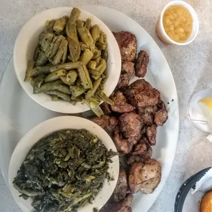 Chicken Livers, turnip greens and green beans