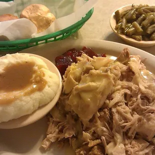 Turkey, Dressing, Mashed Potatoes with Gravy, Green Beans, Cornbread and Roll